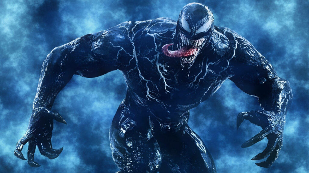 Fierce Venom Wallpaper: Intimidating Antihero on Dynamic Blue Background