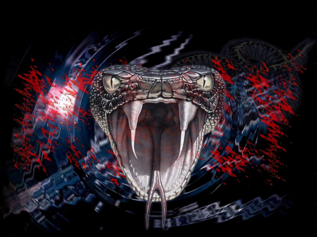 Fierce Viper Wallpaper: Intense Snake Art on Dark Abstract Background