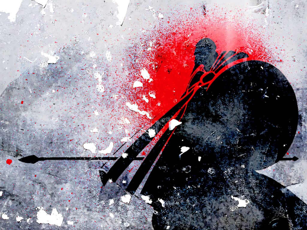Silhouette of warrior wielding sword against dramatic red gray splattered 300 movie background Wallpaper