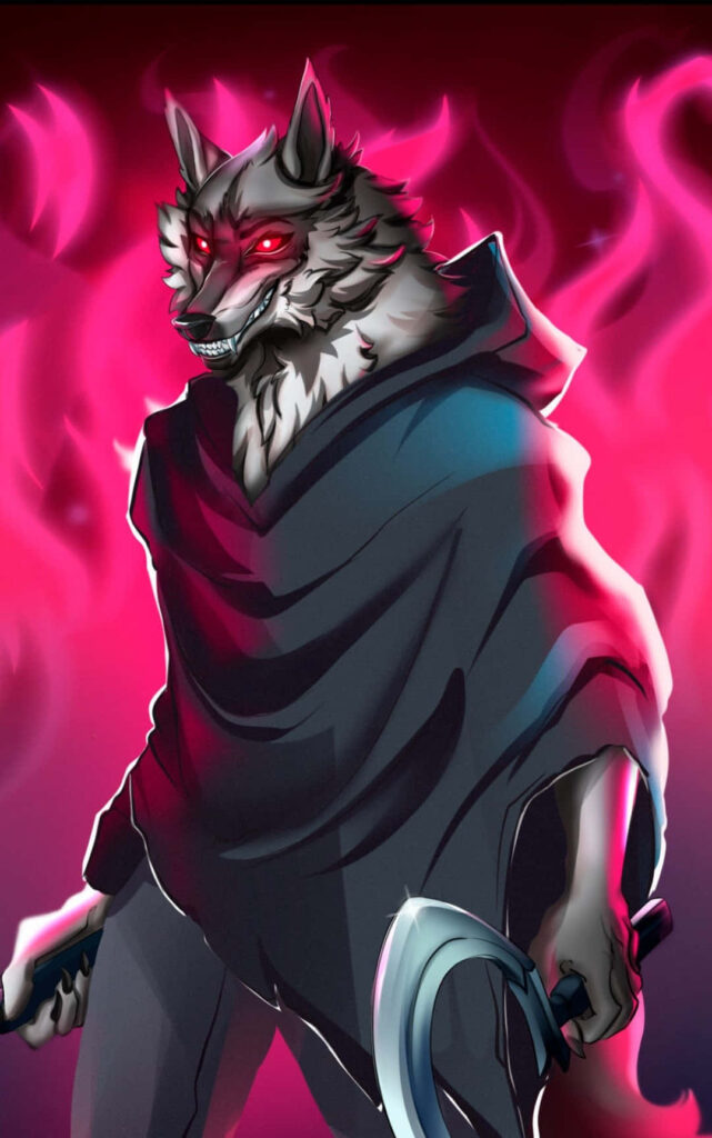Death from Puss in Boots as fierce werewolf with glowing red eyes magenta flames fantasy wallpaper