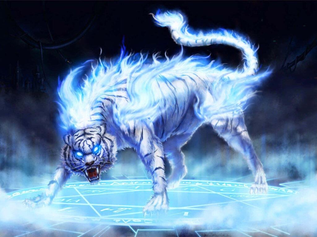 Fierce White Tiger in Blue Flames - Mystical 3D Wallpaper