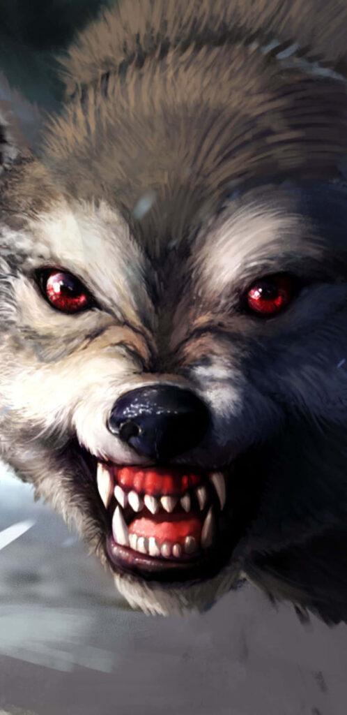 Fierce Wolf Wallpaper: Intense Red Eyes & Sharp Teeth Background