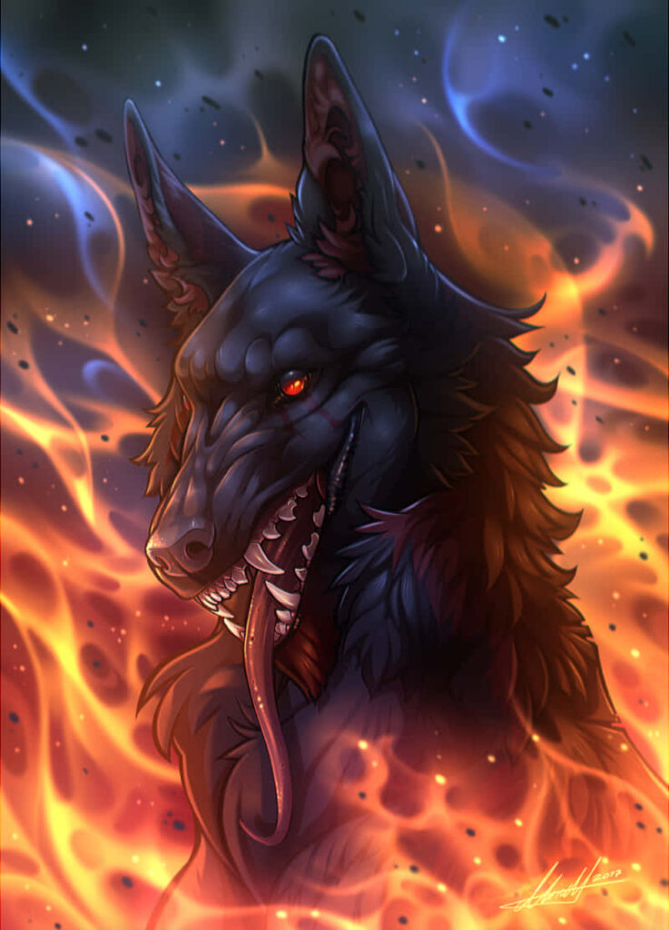 Fierce Wolf in Fiery Flames - Dynamic Dramatic Wallpaper Background