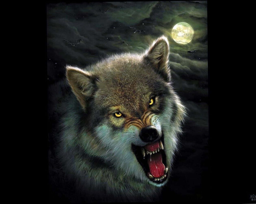 Fierce Wolf Under Moonlit Sky - Dramatic Wilderness Wallpaper