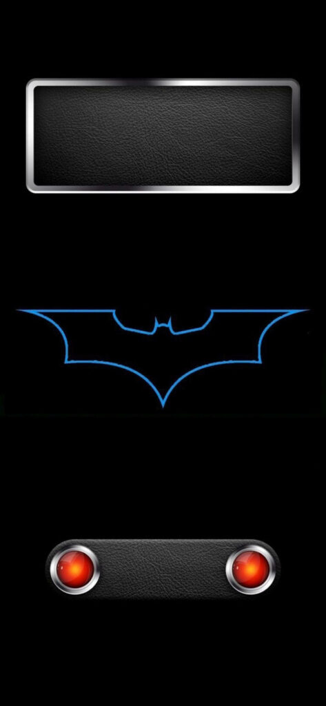The Dark Knight Rises: A Stunning Batman-themed iPhone X Wallpaper with Bold Blue Print, Red Buttons, and Sleek Metallic Leather on a Black Canvas