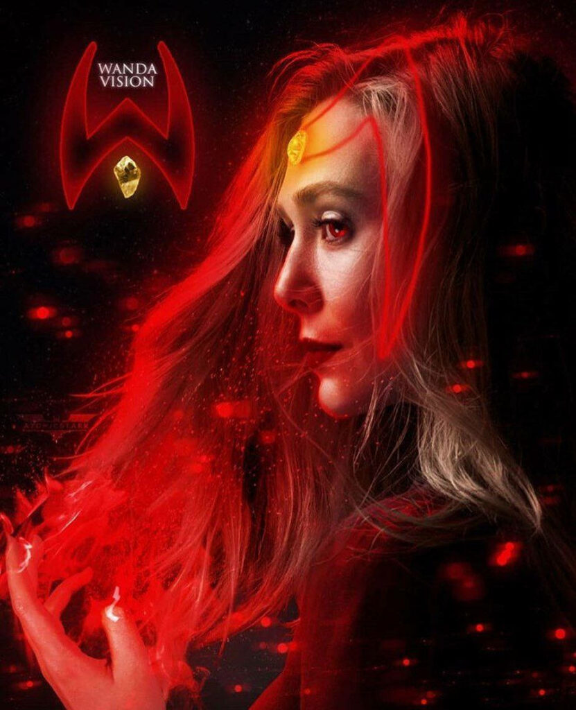 Empowered and Intense: Elizabeth Olsen as Scarlet Witch Radiates Strength in Fiery Wandavision Visual Wallpaper