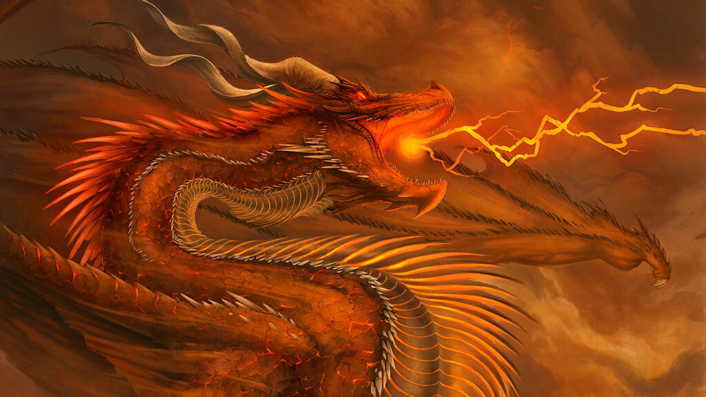 Fierce Fury: The Best Orange Dragon Wallpaper with Electrifying Lightning Strikes