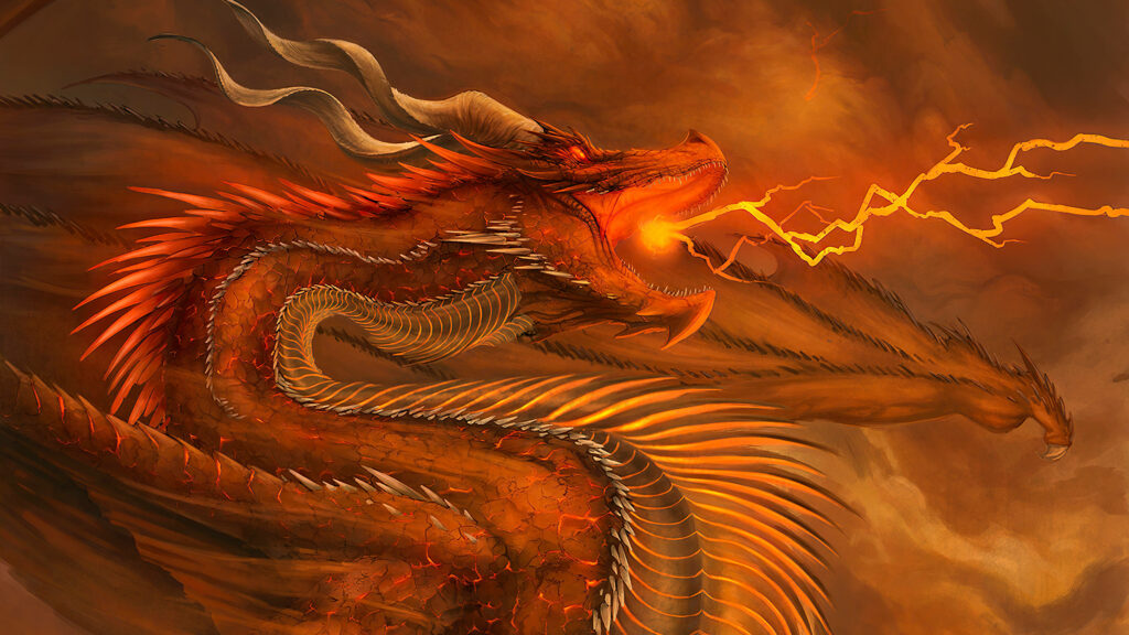 Fierce orange dragon with lava scales breathing lightning in stormy fiery fantasy sky background Wallpaper