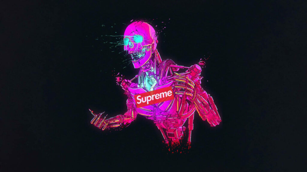 Vibrant Neon Pink Skeleton Roars with Supreme Logo in Stylish Background Wallpaper