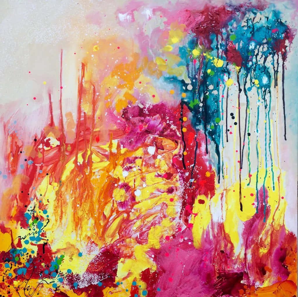 Vibrant abstract painting with red yellow orange splashes and deep blue drips textured artwork Wallpaper