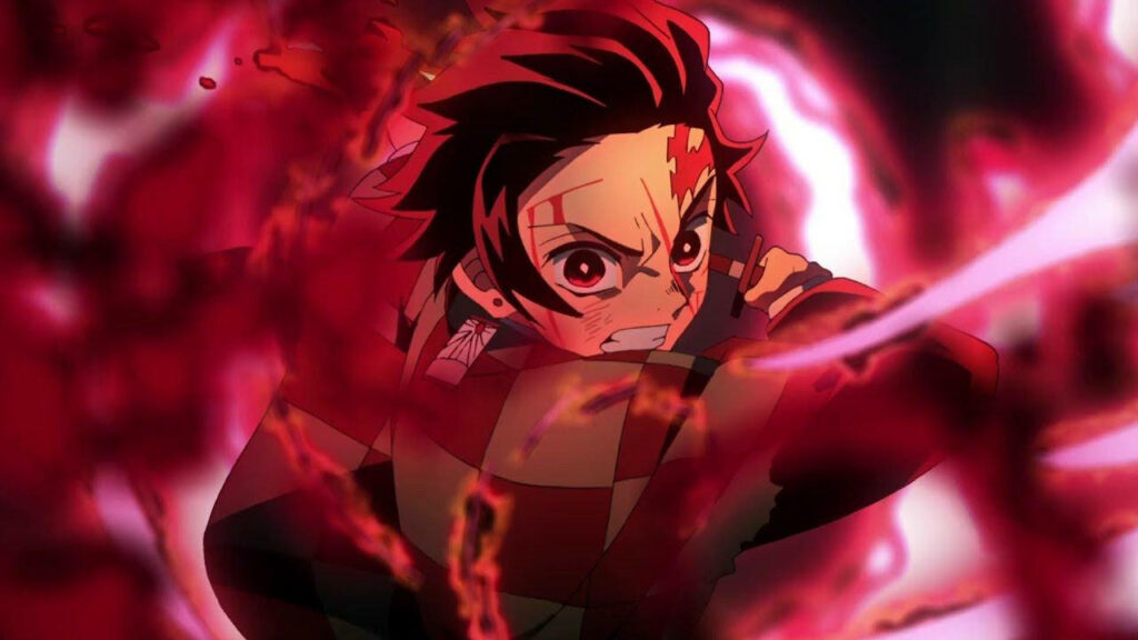 Breathtaking portrayal of Akaza, the Demon Slayer, adorned in crimson attire and wielding a sizzling inferno blade amidst a majestic fir forest. Wallpaper