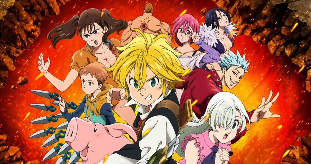 Vibrant anime wallpaper with intense characters and fiery background full of energy and drama