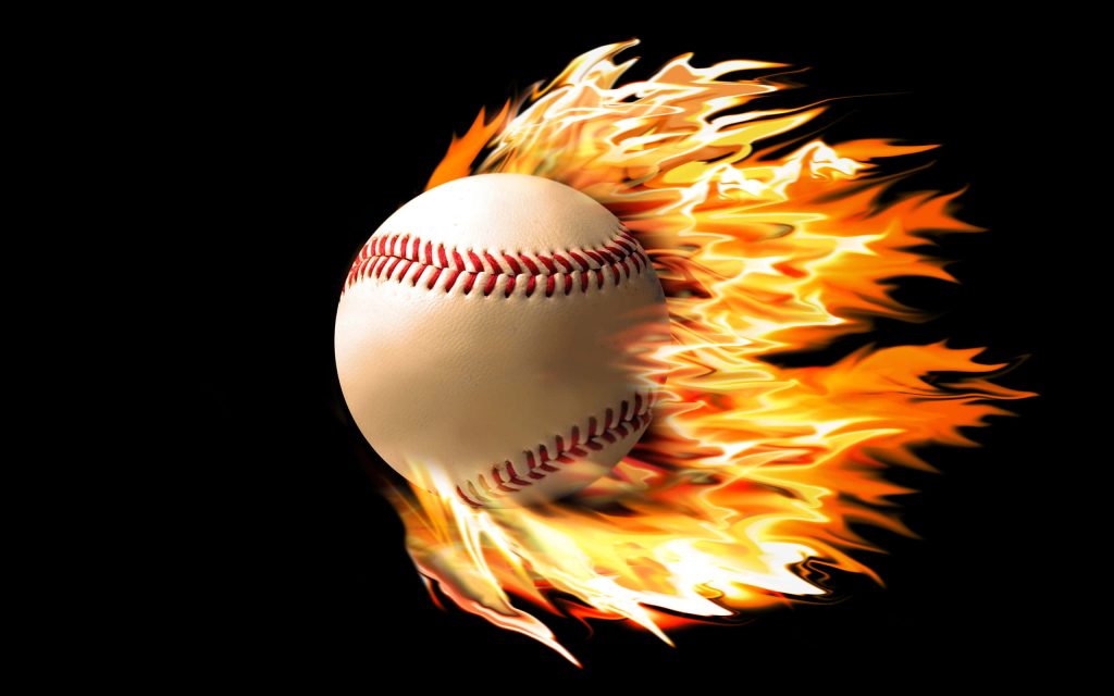 Baseball engulfed in vibrant flames on black background dynamic sports wallpaper background