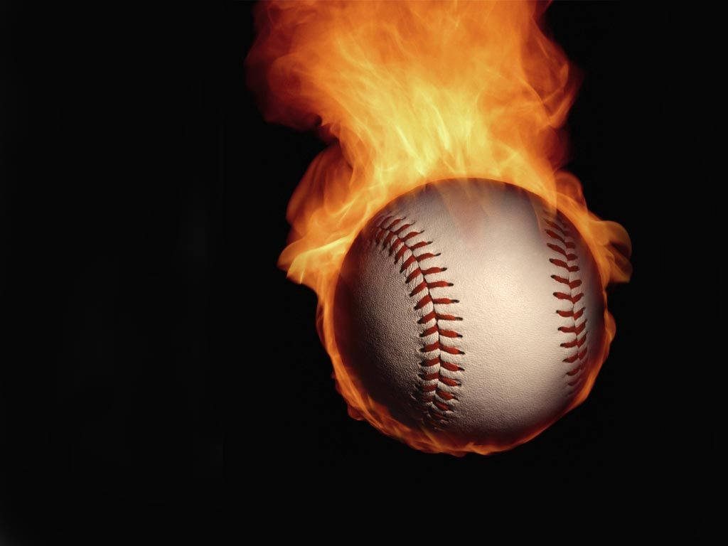 Baseball engulfed in blazing flames on black background fiery sports wallpaper background