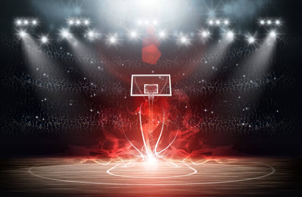 Basketball court wallpaper with hoop glowing red fiery effects in a dramatic stadium arena