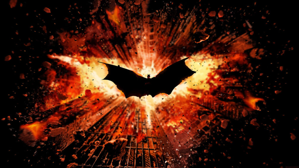 Fiery Batman logo bursting through flames and debris in dynamic dramatic wall art background Wallpaper