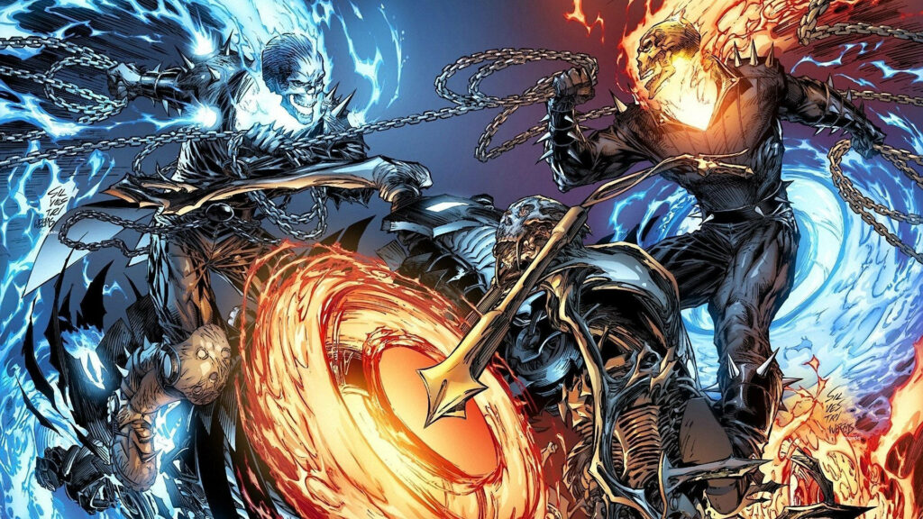 Inferno Clash: Ghost Rider Battles the Blue Skull Demon Wallpaper