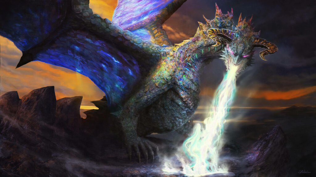 Blazing Beauty: A Colorful Dragon Spewing White Flames on a Black Background Wallpaper