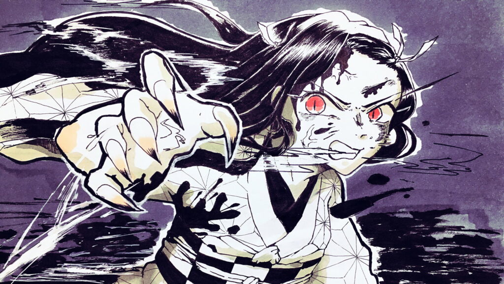 Demonic Elegance: Nezuko Kamado's Mesmerizing Red-Eyed Transformation Wallpaper