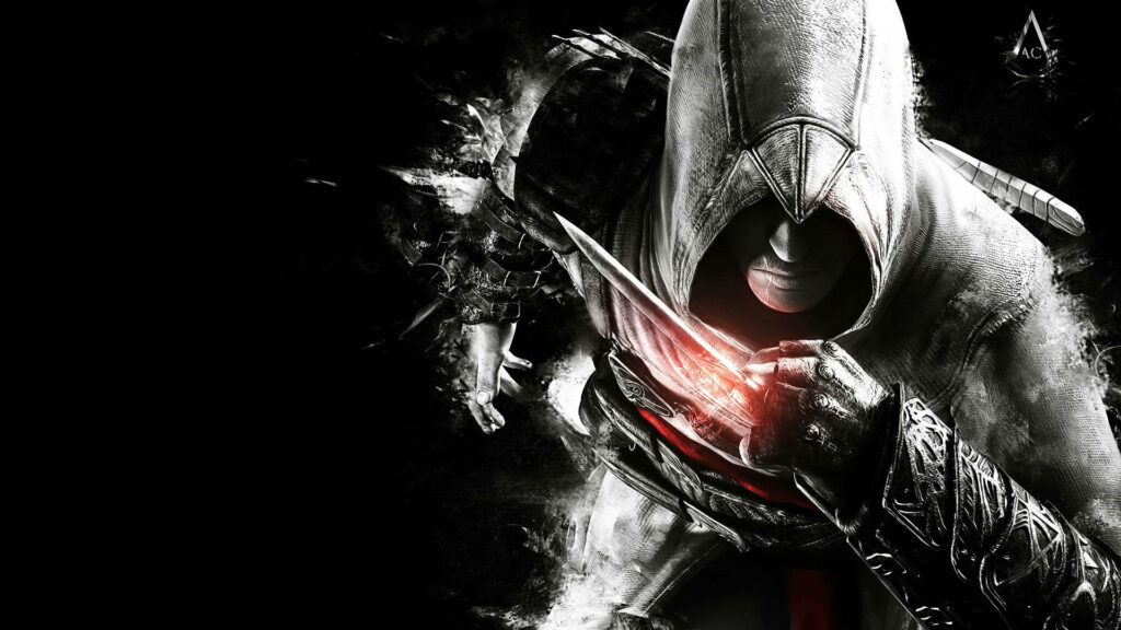 Fiery Blade: A Stunning Greyscale Assassin's Creed Wallpaper