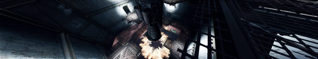 Fallout 4 CGI wallpaper fiery engine blast in dark industrial facility with metal catwalks and shadows