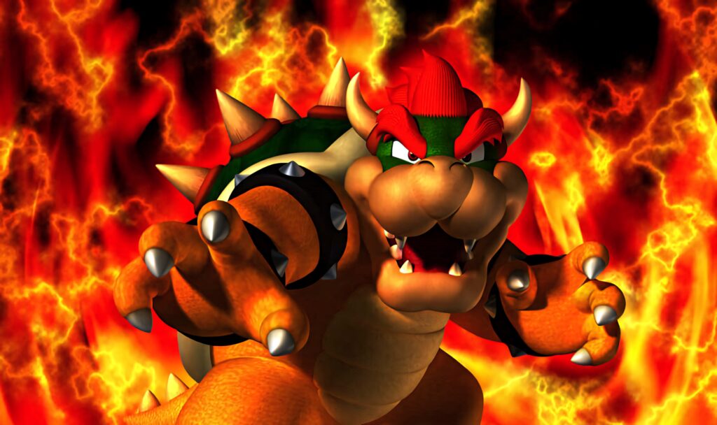 Fiery Bowser fierce battle wallpaper blazing flames electric sparks dynamic video game art