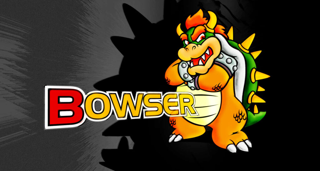 Fiery Bowser unleashes fury with spiked green shell and orange flames in dynamic cartoon style Wallpaper