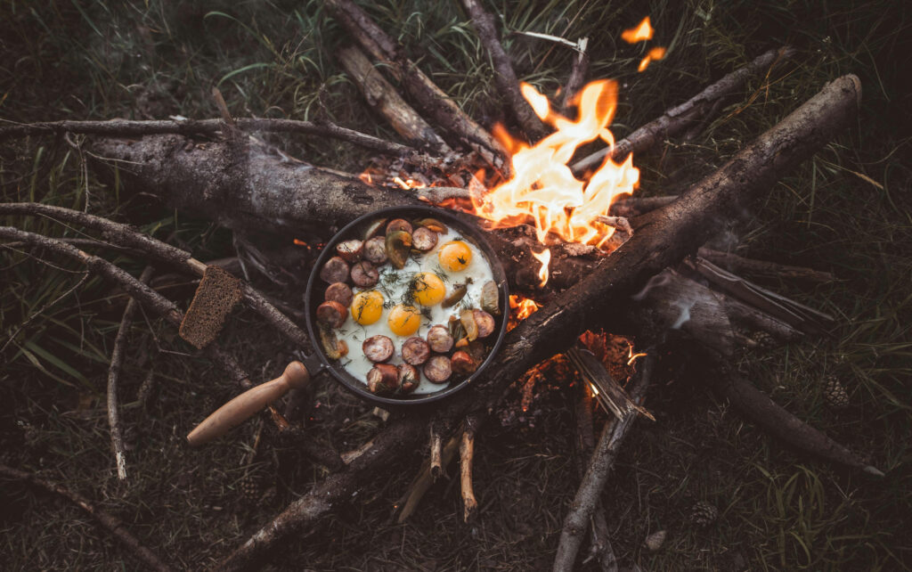 Flaming Branch Breakfast Bliss - A Scrumptious Morning Meal Sizzles on a 4k Fire Wallpaper Background