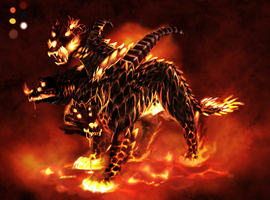 Cerberus three-headed hellhound with fiery molten fur glowing eyes on dark mythic background Wallpaper