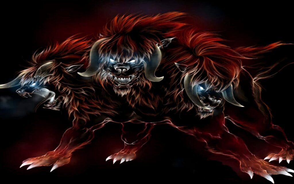 Cerberus three-headed beast with glowing blue eyes fiery red fur dark fantasy wallpaper background