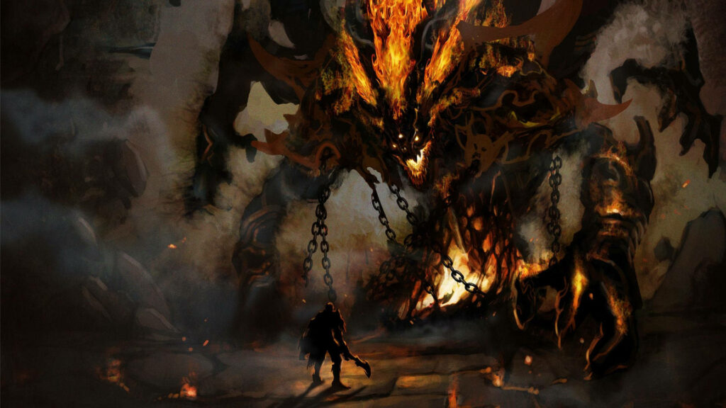 Chained Fury: A Fiery Monster's Menacing Glare in Frightening Flaming Wallpaper