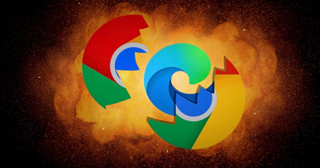 Dynamic wallpaper with intertwined Google Chrome and Microsoft Edge logos on fiery orange background