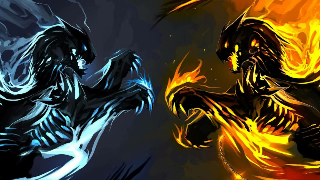 Flaming Clash: Two Animated Beasts in Blue and Red Flame Battle in Mesmerizing Wallpaper