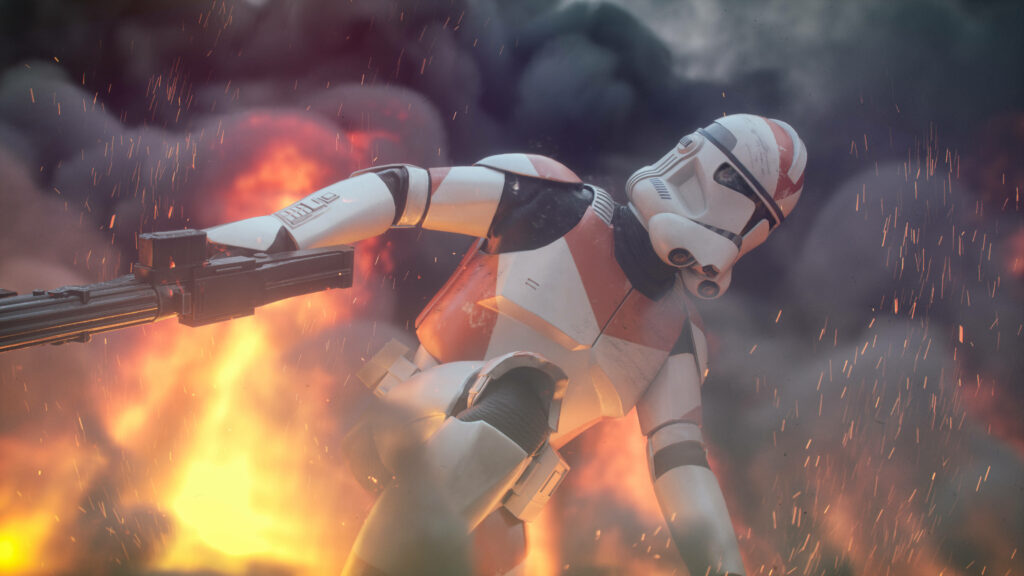 Clone Trooper in white and orange armor charging through fiery battlefield with smoke and embers Wallpaper