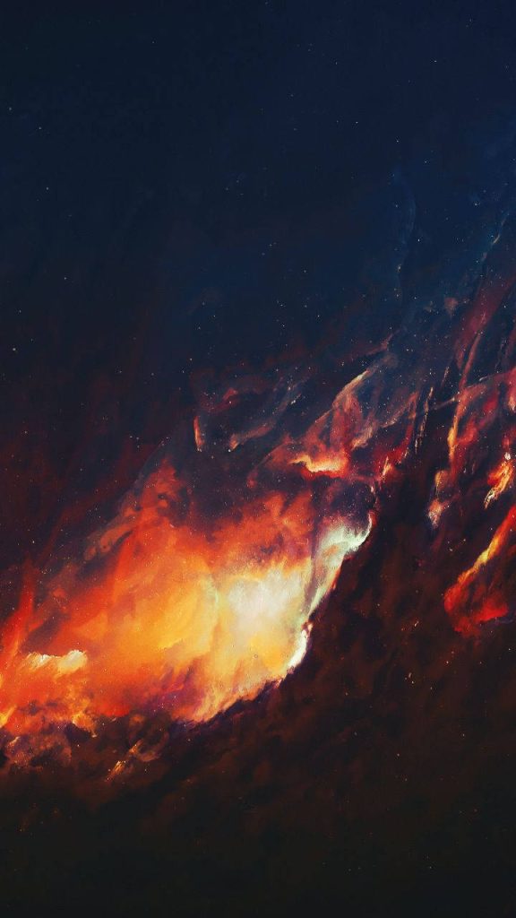 Fiery cosmic nebula cloud wallpaper in vibrant orange red yellow painterly celestial background