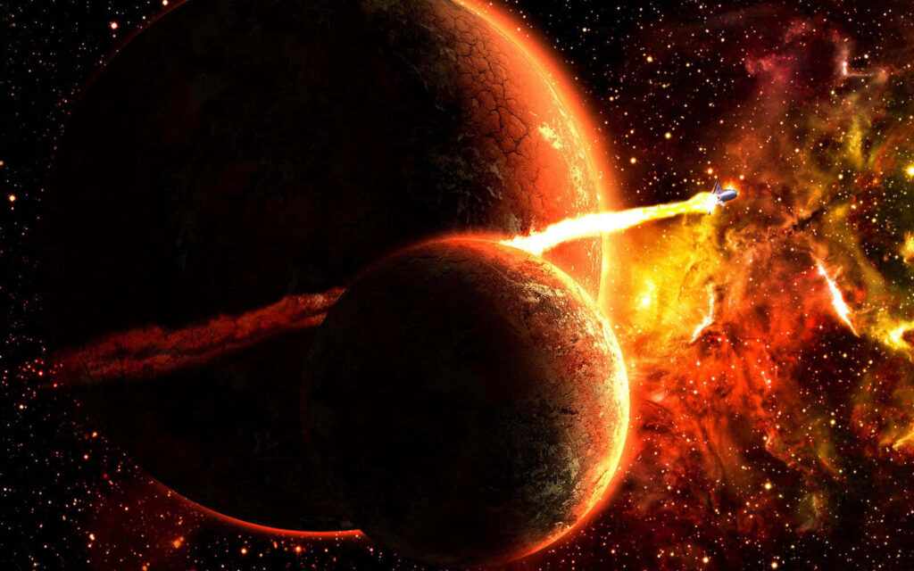 Stunning outer space wallpaper with two red planets and a rocket amid a vibrant cosmic nebula.