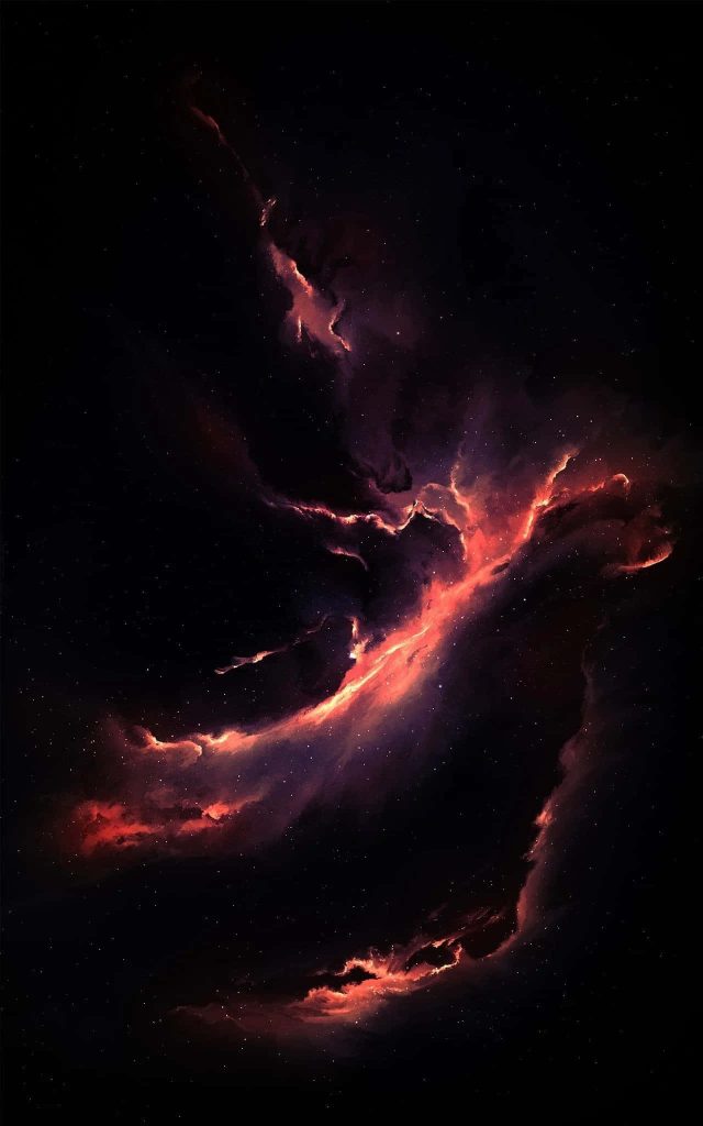 Deep space nebula iPhone wallpaper with fiery red orange cosmic dust on black background