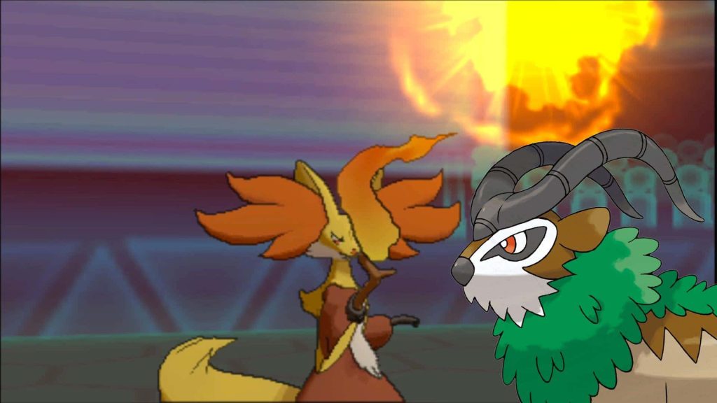 3D wallpaper of fiery Delphox battling green-maned Gogoat in a glowing arena background