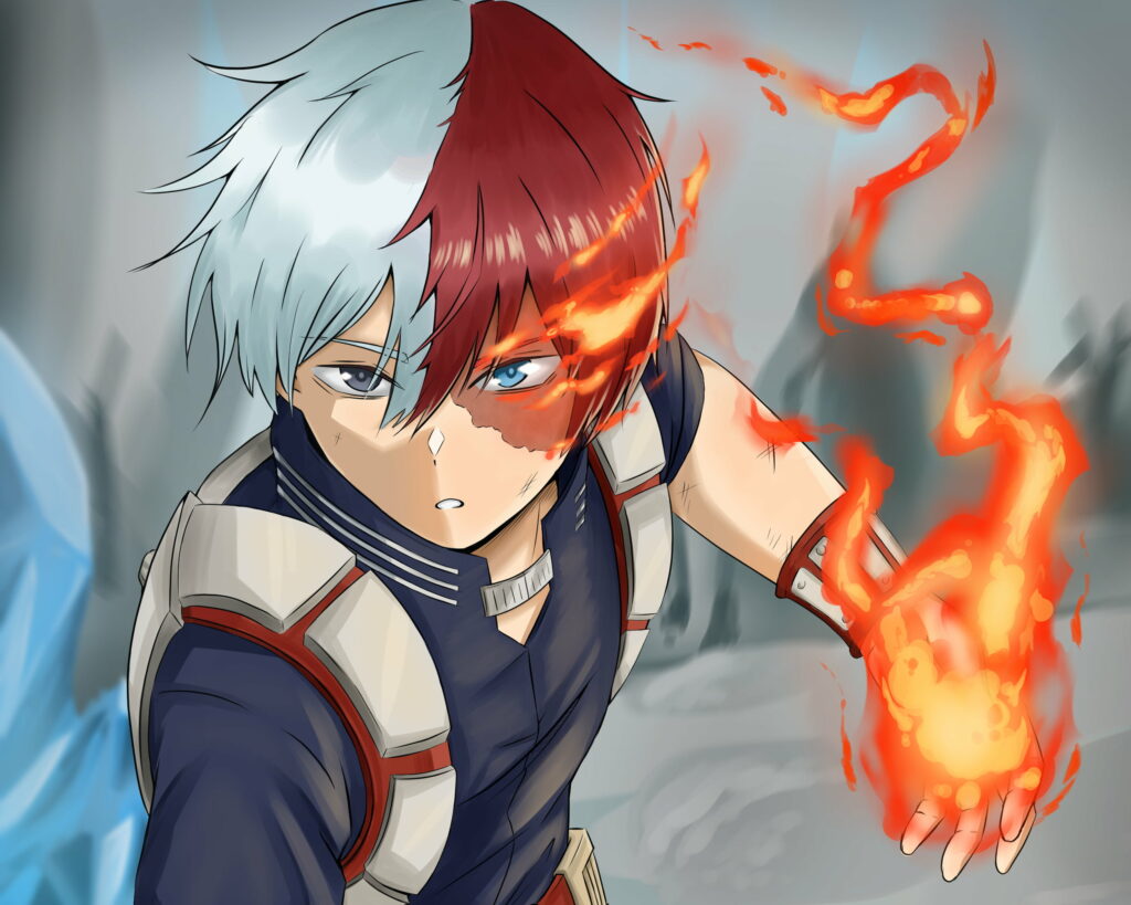 Fiery Icy Hero: Shoto Todoroki Dominates in 2K QHD Wallpaper