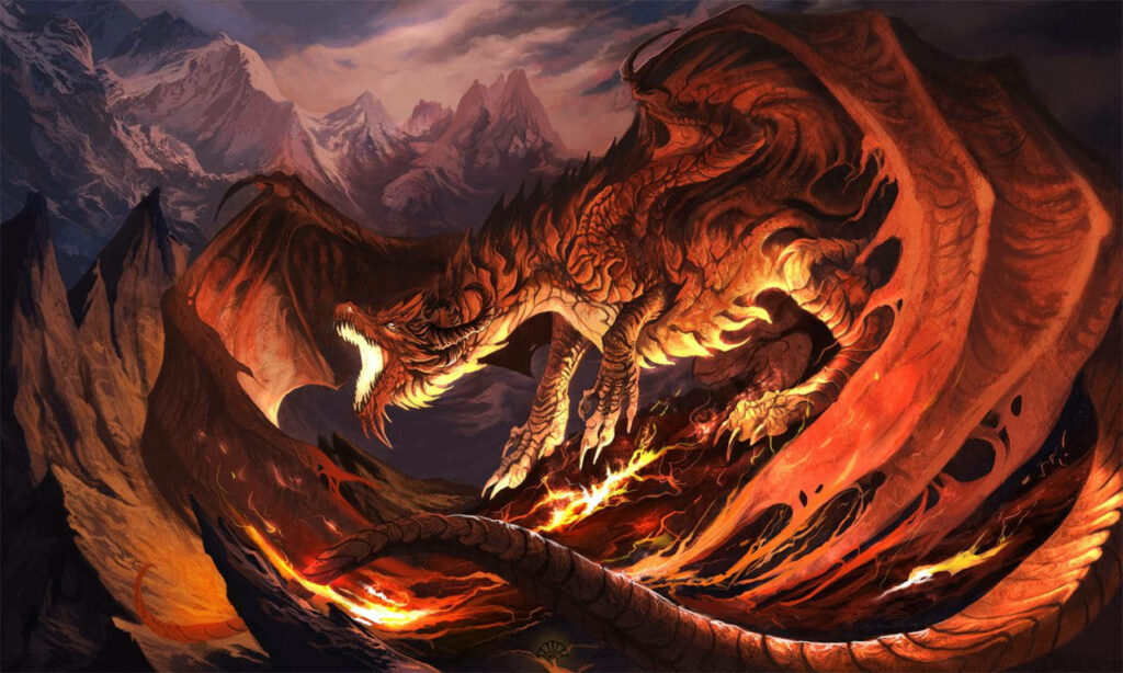 Fiery Dragon 3D Wallpaper: Majestic Flames & Rugged Mountains