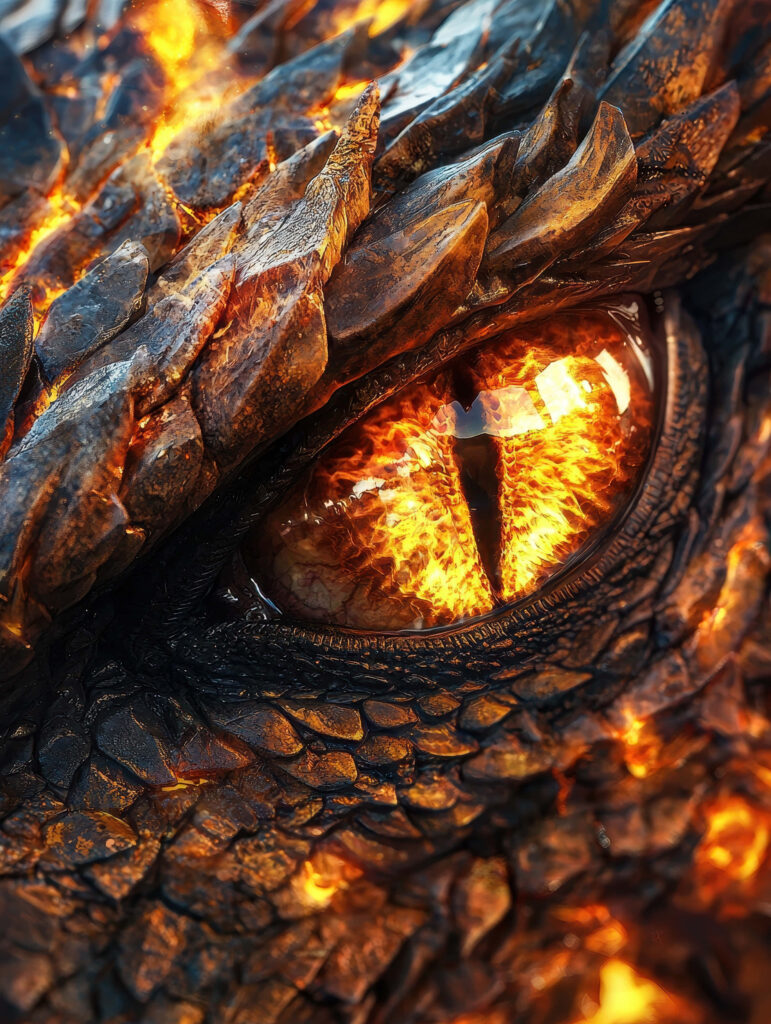 Fiery dragon eye close-up showing glowing scales molten textures and intense piercing gaze wallpaper