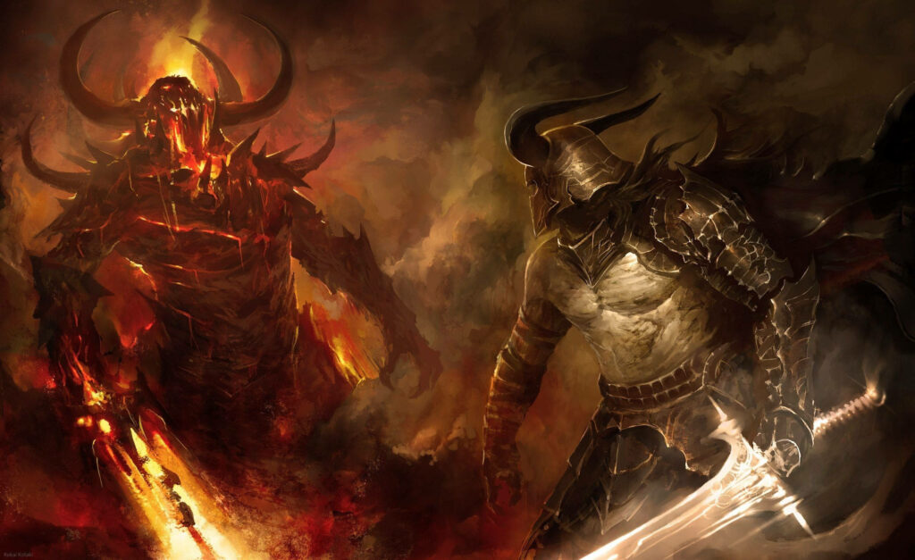 Fiery Duel: Two Demons Clash Blades in Epic Wallpaper