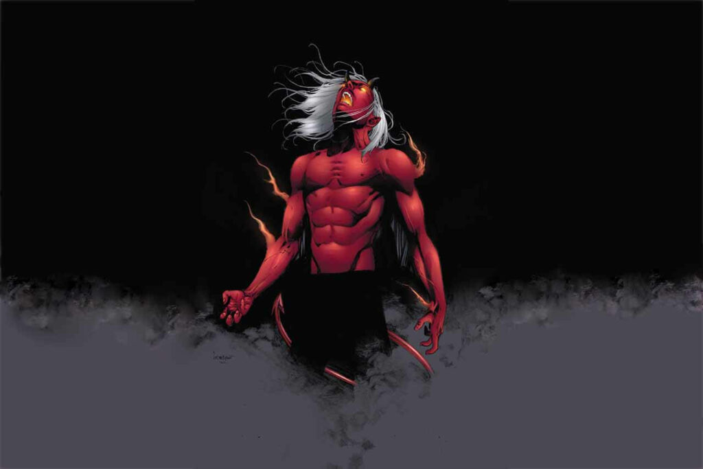 The Fiery Exorcist: A Striking Illustration of a White-Haired Devil Roaring Amidst Eerie Grey Fumes Wallpaper