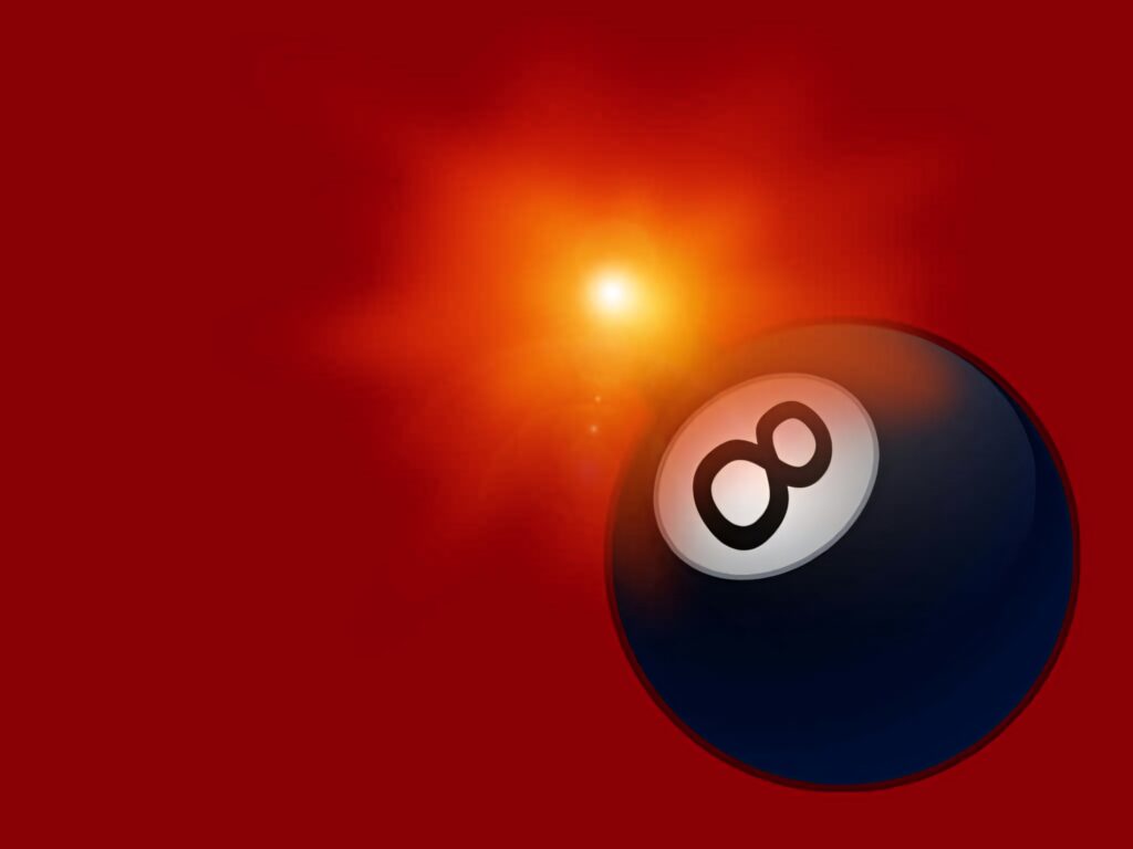 Striking eight-ball with fiery orange light on deep red background modern dynamic wallpaper
