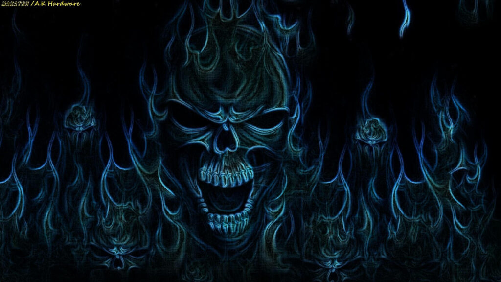 Spectral Inferno: Mesmerizing HD Skull Formation amidst Vivid Blue Flames on Dark Background Wallpaper