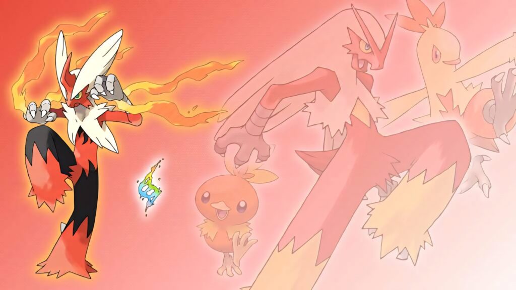 Blaziken evolution wallpaper with Torchic Combusken and Blaziken in fiery dynamic poses