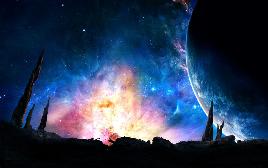 Vibrant Orange Planet Illuminated Amidst Deep Blue Nebulae - Majestic 4K Ultra HD Galaxy Background Wallpaper
