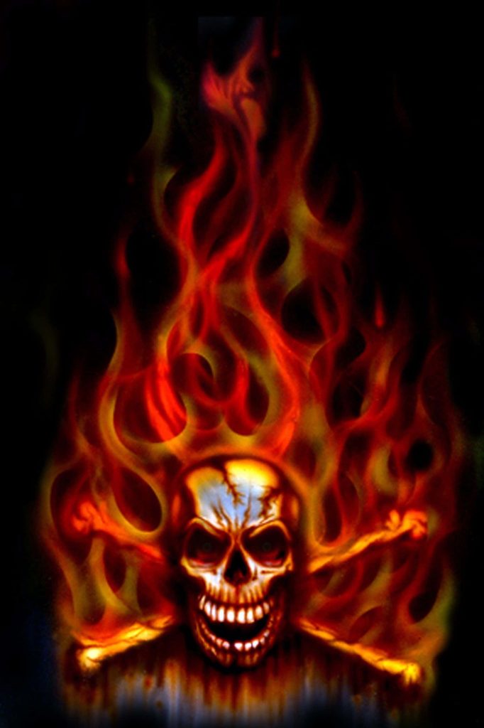 Flaming skull wallpaper with vibrant red orange flames on black background intense digital art