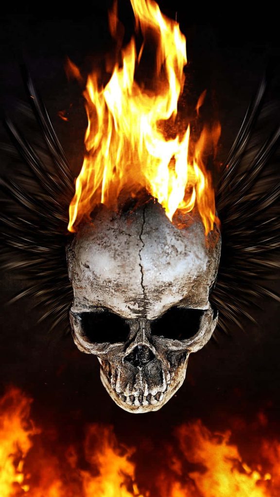 Realistic flaming skull wallpaper vivid blazing fire dark moody background intense macabre energy