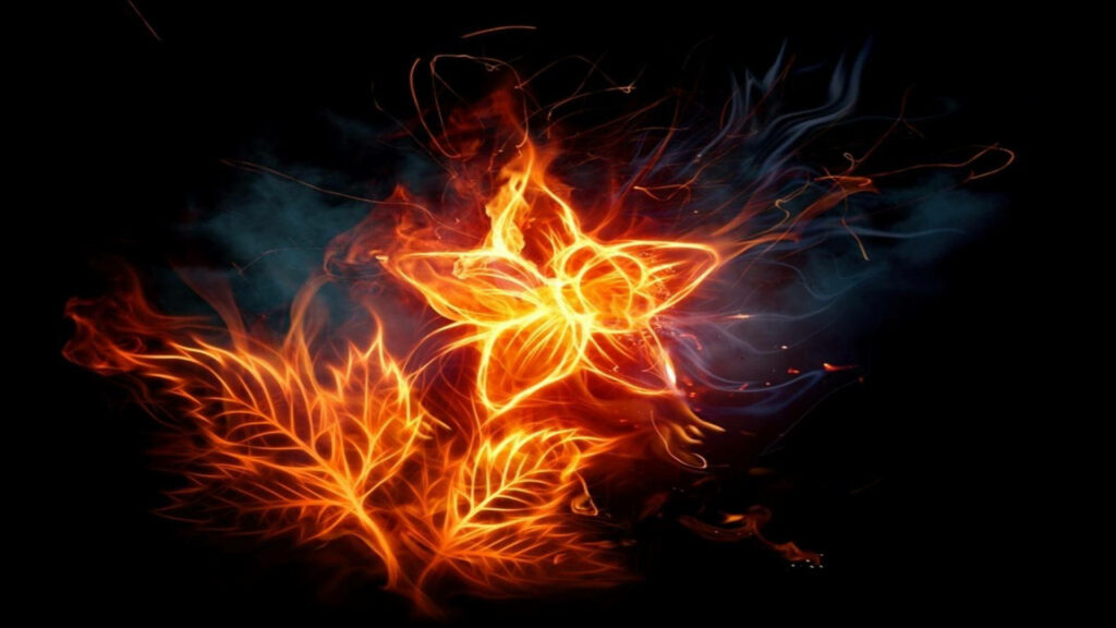 Dynamic Flower & Leaves Wallpaper: Fiery Design on Dark Background